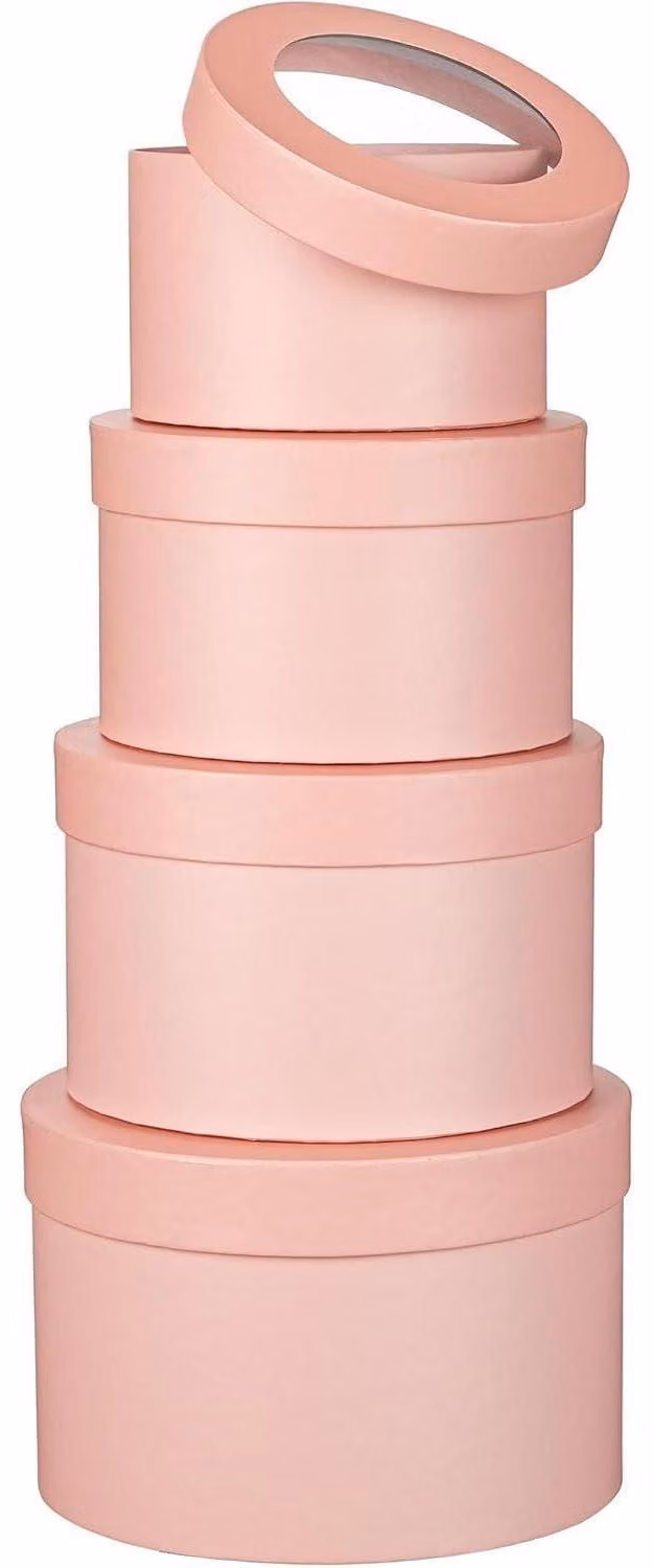Set di 4 scatole rotonde con coperchio, rosa, impilabili, in cartone, diametro 14-20 cm