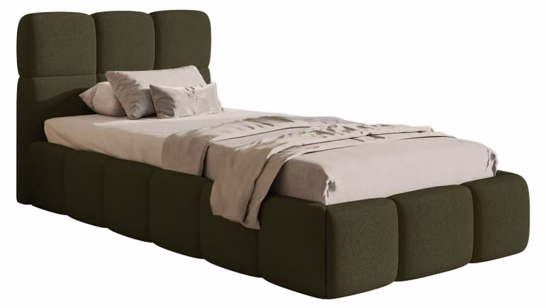 Selsey Cloudy – Letto imbottito 90x200 cm, contenitore e rete a doghe, ciniglia verde oliva