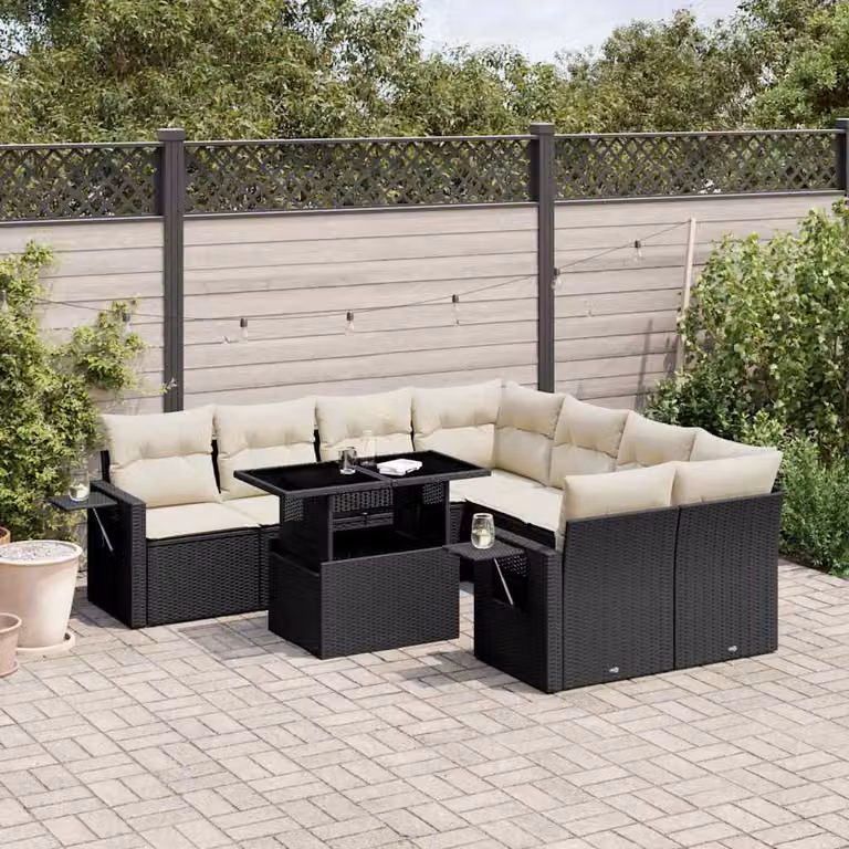 vidaXL Set Divani da Giardino a L 9 pz in Polyrattan Nero con Cuscini e Tavolino da Esterno