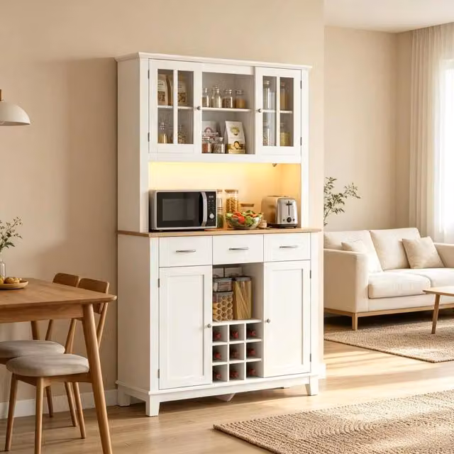Credenza moderna bianca con LED RGB, 3 cassetti e 2 ante in vetro temperato, ripiani interni regolabili, L: 100 cm, P: 39,5 cm, H: 180 cm