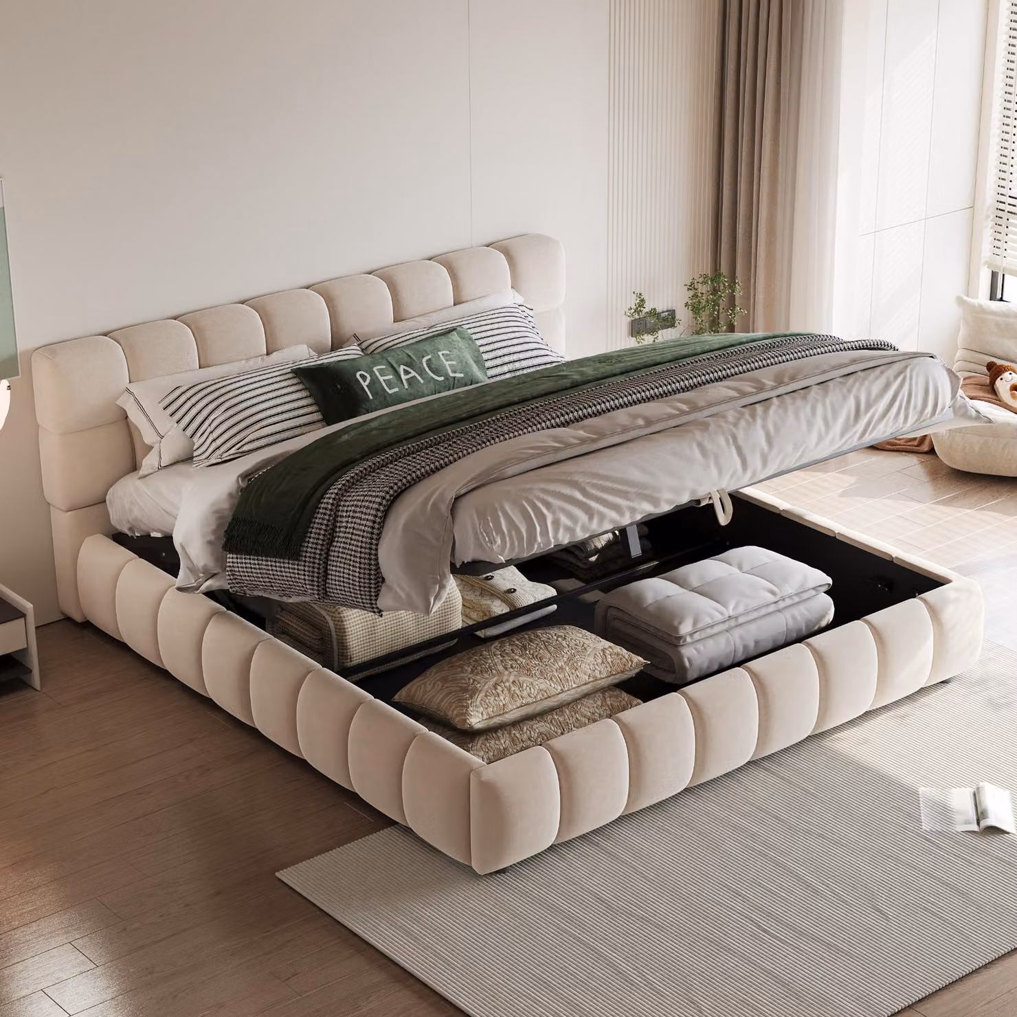 Letto imbottito Merax 140x190cm con contenitore idraulico, letto matrimoniale con tessuto in velluto e rete a doghe, testata con design voluminoso, beige