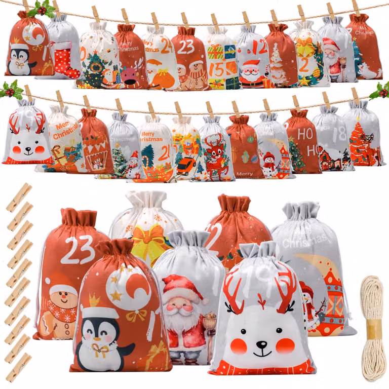 Calendario dell'Avvento da riempire, 24 sacchetti, 18x13 cm, tessuto, fai da te