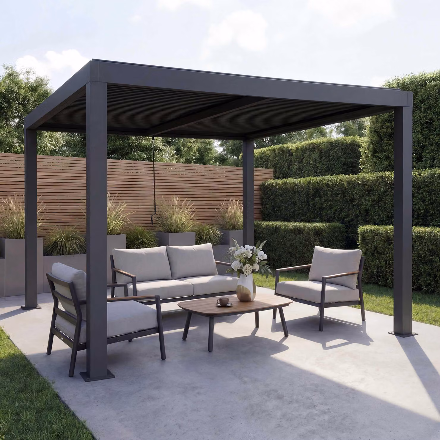 Pergola MCW-L46, gazebo da giardino con lamelle, telaio in alluminio da 10 cm, grondaia resistente alle intemperie, 3x3 m ~ antracite