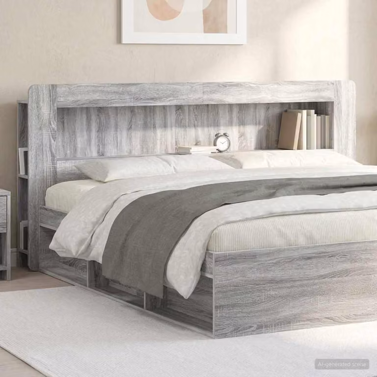 Testata del letto moderna vidaXL in legno ingegnerizzato Grigio con ripiani integrati L: 193 cm, H: 100 cm, P: 25,68 cm