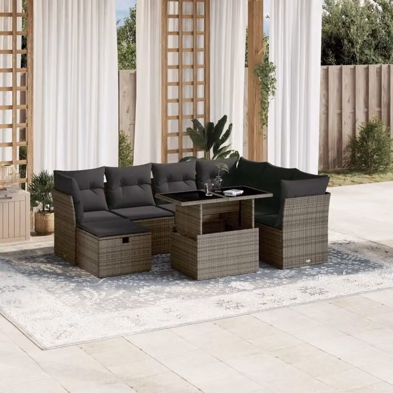 vidaXL Set Divano da Giardino 8 pz a Forma di L in Polyrattan Grigio con Cuscini e Tavolino