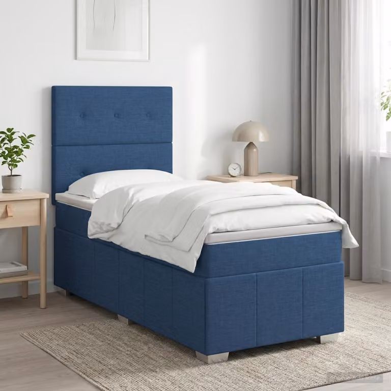 Letto box spring con materasso vidaXL in tessuto blu e bianco, L/P: 100 x 200 cm