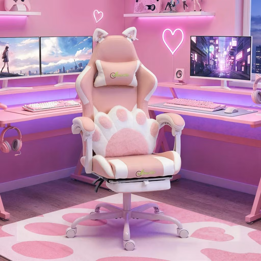 Sedia da Gaming Giordanoshop Ergonomica con Poggiatesta e Braccioli, Colore Rosa e Bianco, Regolabile in Altezza – 2