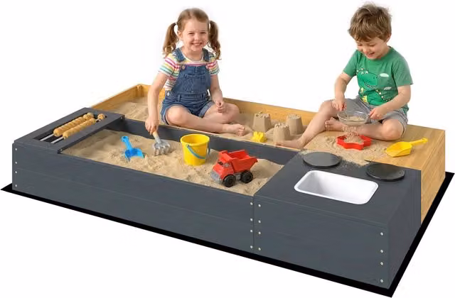 Sandbox Minimal in legno e plastica con sedia e lavabo, 2 pezzi, Giallo, L 150 x P 90 x H 90 cm
