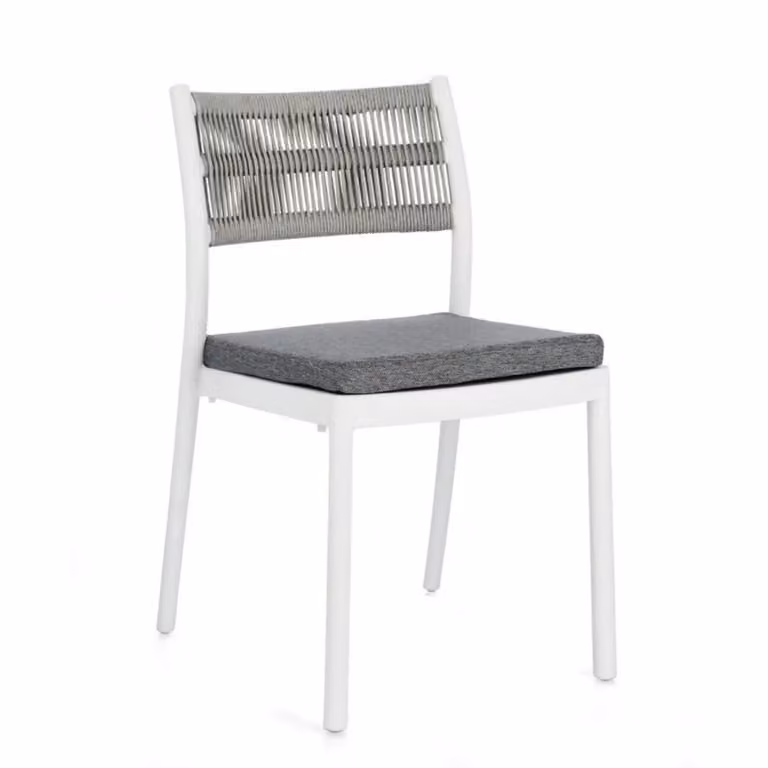 Set di 4 sedie ALVIN in polipropilene bianco e corda intrecciata grigio chiaro, impilabili