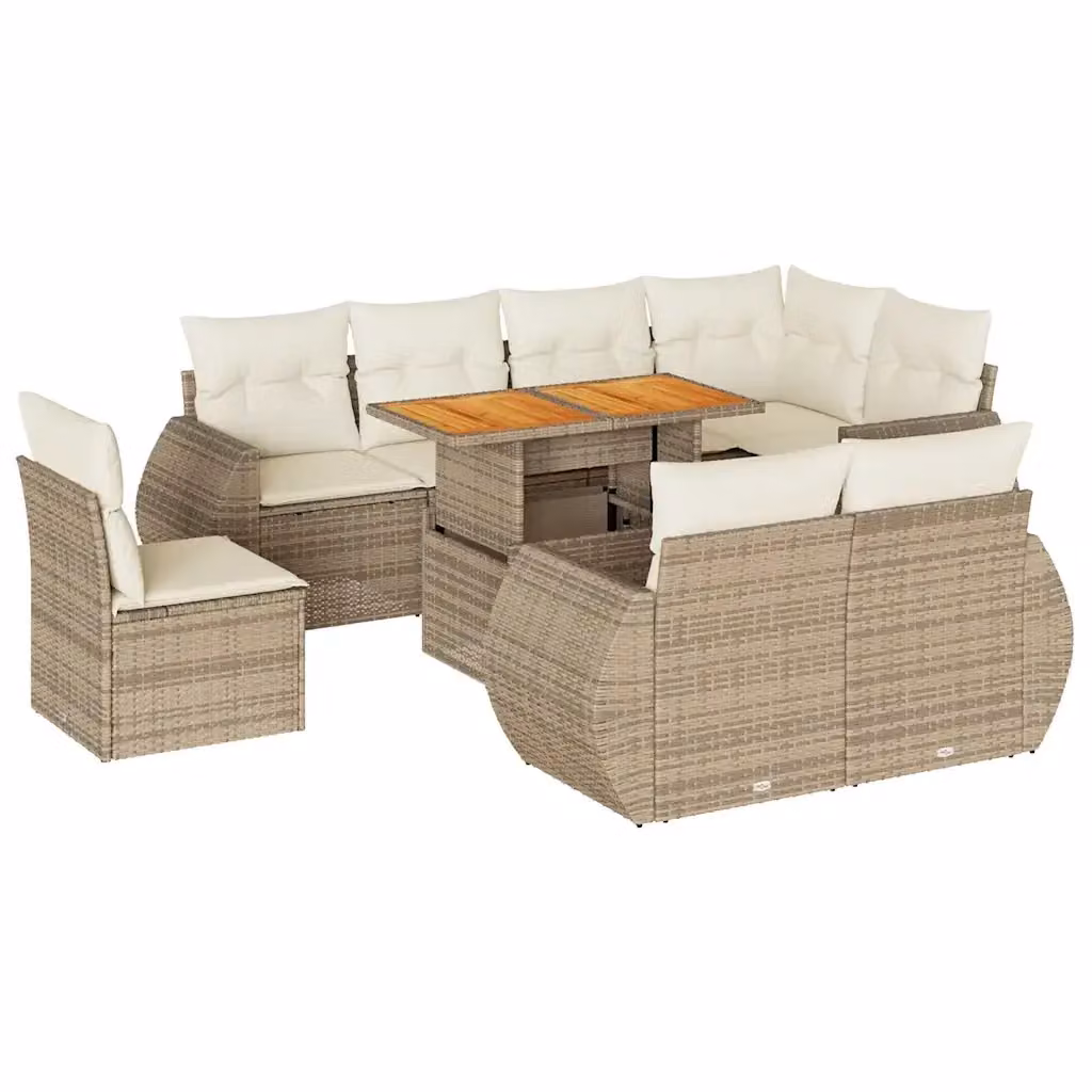 Set Divano da Giardino a L vidaXL 9 pz con Cuscini Beige e Tavolino in Polyrattan e Legno di Acacia – 2