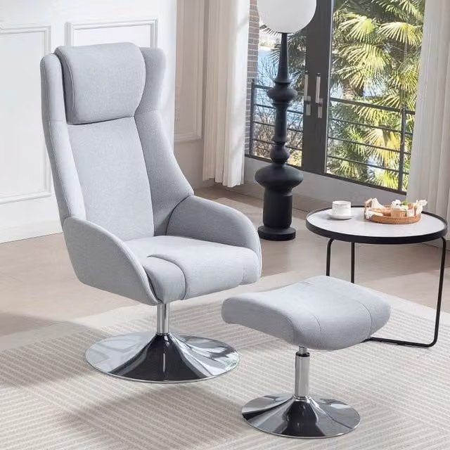Poltrona relax 68x84x118 cm girevole con poggiapiedi in metallo grigio