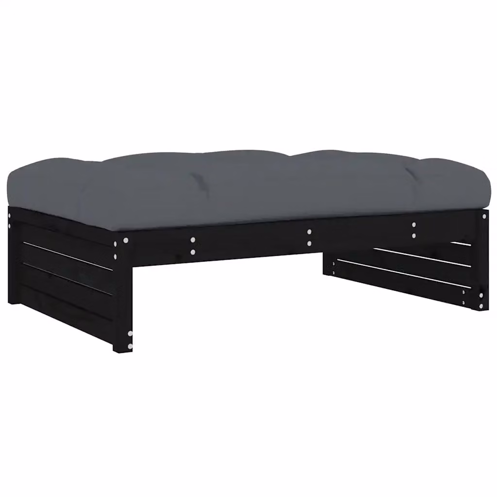 Poggiapiedi da giardino in legno di pino massello con cuscini inclusi, colore nero antracite e grigio, stile rustico, L: 120 cm, P: 80 cm – 2