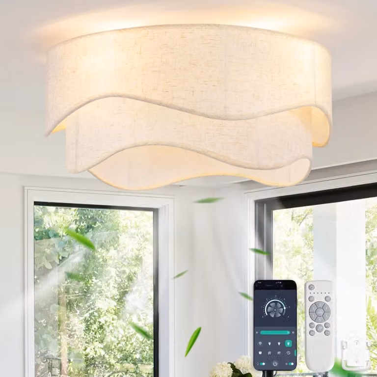 Ventilatore da soffitto moderno con LED e telecomando, pale in plastica, ideale per camera da letto e cameretta dei bambini, colore oro/ottone e beige