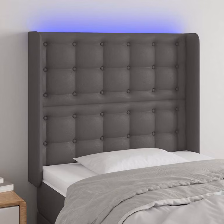 Testiera per letto con illuminazione LED e porta di ricarica USB vidaXL in similpelle grigia, L: 83 cm, P: 16 cm, H: 118-128 cm