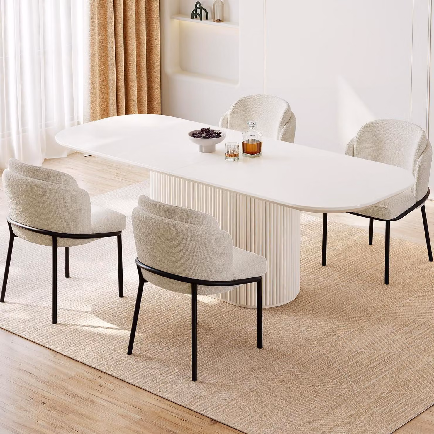 Set da pranzo composto da un tavolo da soggiorno e 4 sedie imbottite, design scandinavo, colore bianco, lunghezza 220 cm