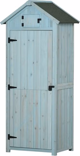Armadio da Giardino per Attrezzi in Legno di Abete Blu con 3 Ripiani e Tetto Bitumato 77L x 54l x 179H cm Resistente