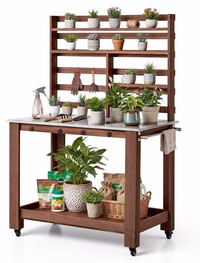 Tavolo da giardino modello "plank", dimensioni 115x66 cm - Piano in acciaio inossidabile - Struttura in legno di abete - Colore marrone