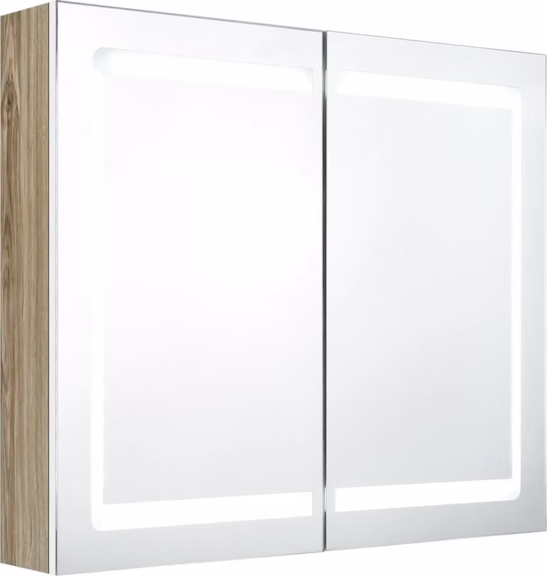 Armadietto Bagno con Specchio e LED Bianco e Rovere 80x12x68 cm