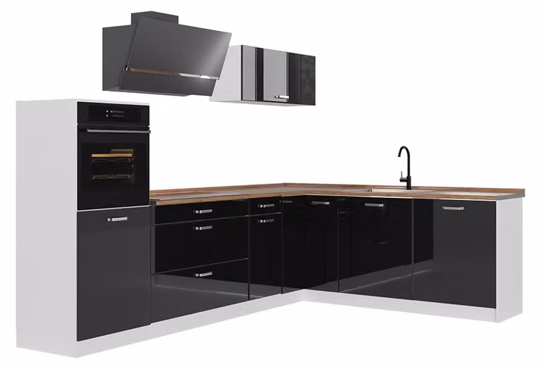 Cucina angolare completa Vicco R-Line Nero lucido/Bianco 287 x cm piano di lavoro Rovere dorato, Model 66770