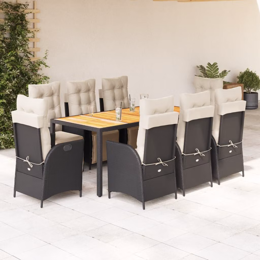 vidaXL Set da Pranzo da Giardino 9 pz in Polyrattan e Legno di Acacia con Cuscini Nero e Bianco