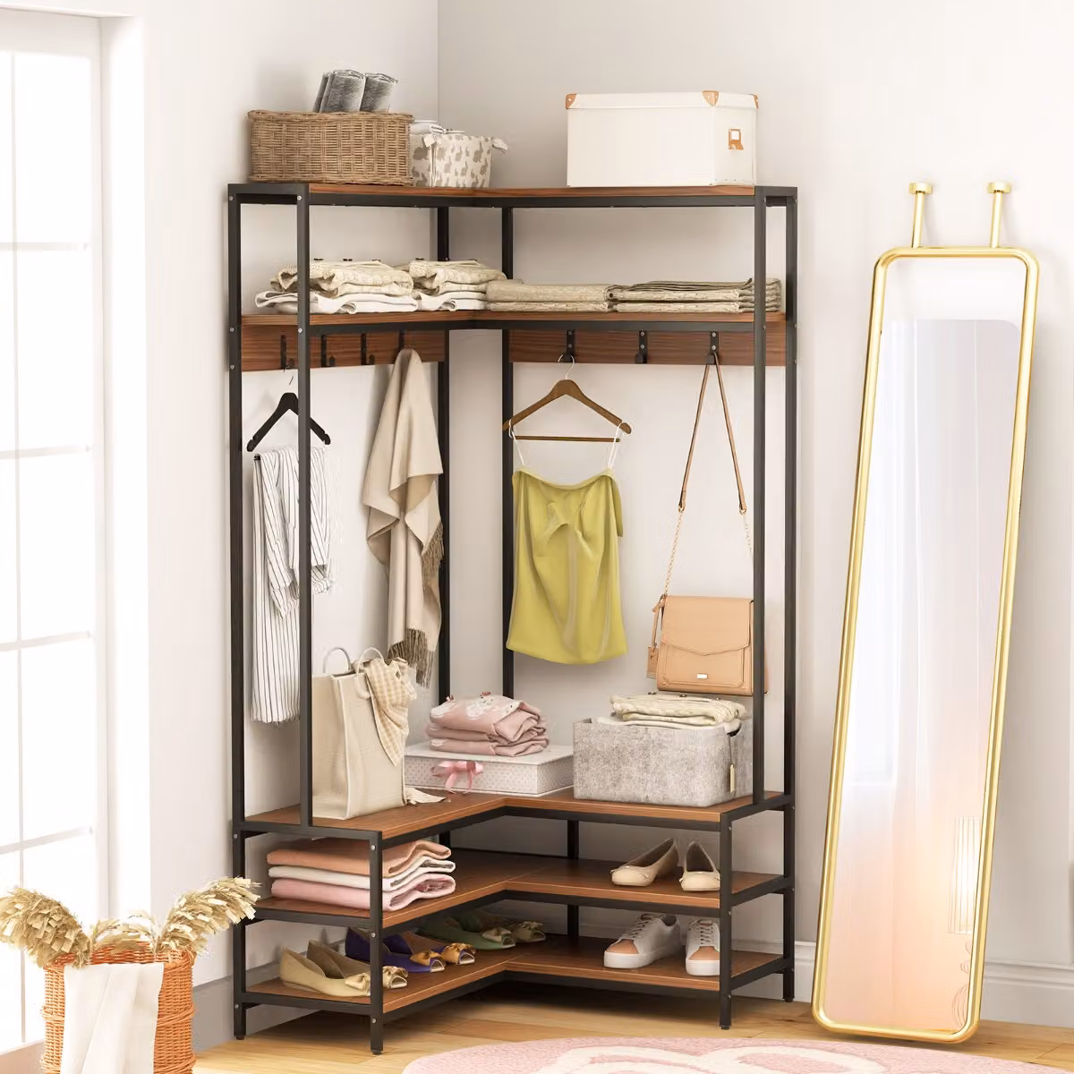 Appendiabiti Angolare Costway con Panca per Scarpe e 7 Ganci, Struttura in Metallo e MDF, L/P/H: 90 x 90 x 178 cm, Marrone – 3