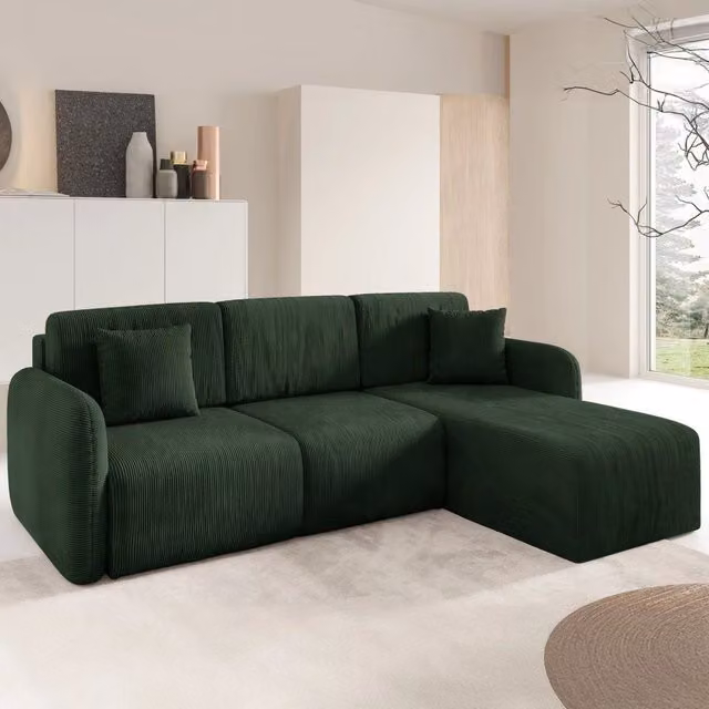 Ranco, Divano Letto con Penisola Contenitore Verde Bottiglia, L/P/H: 245 x 185 cm
