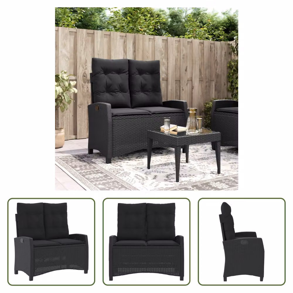 The Living Store Panca da giardino regolabile con cuscini in poly rattan nero