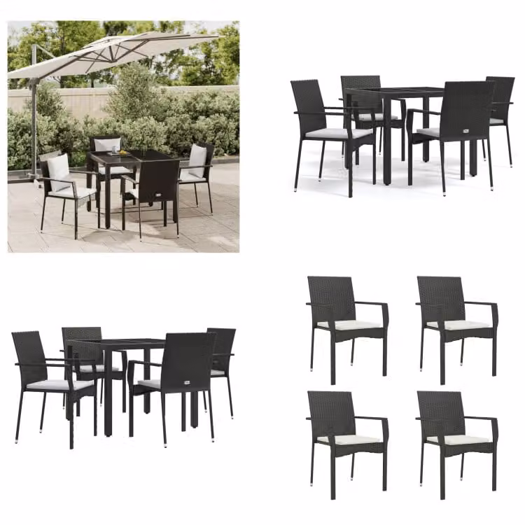 vidaXL Set da pranzo da giardino 5 pezzi con cuscini in poly rattan nero - Set da pranzo da giardino - Set da pranzo da giardino - Set da pranzo da terrazza