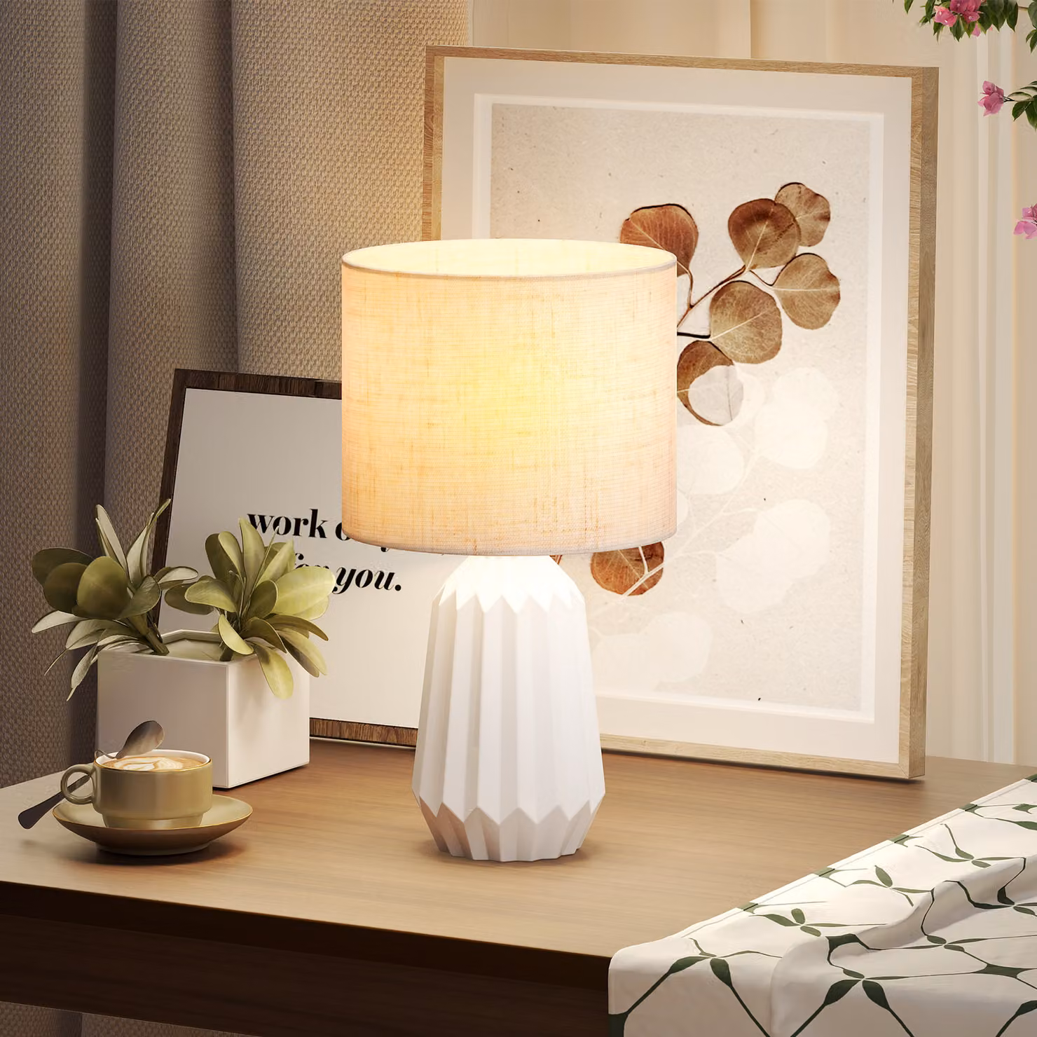Lampada da Tavolo HOMCOM in Stile Retrò con Base in Ceramica e Paralume in Tessuto Bianco e Beige – 2