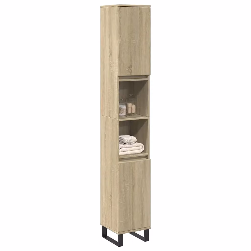 Armadietto da bagno moderno sospeso in legno Rovere Sonoma marrone con ante e ripiani interni L: 30 cm, P: 30 cm, H: 190 cm – 2
