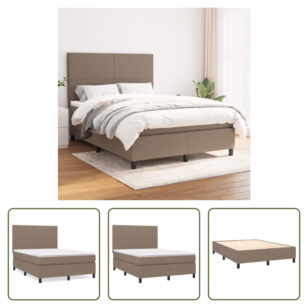 The Living Store Letto a molle con materasso Taupe 140x200 cm in tessuto