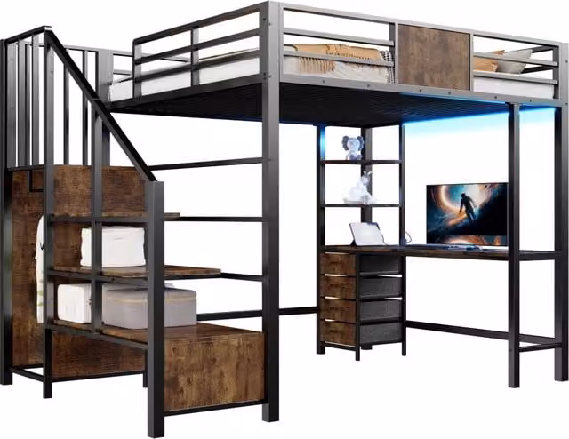 Letto a soppalco REDOM in metallo nero con scrivania, compartimenti laterali e scala, L/P: 200 x 140 cm – 1