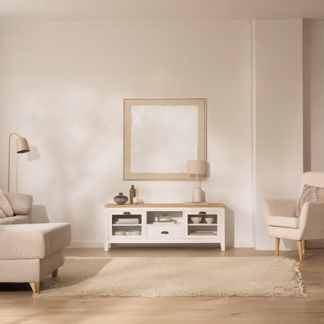 Mobile TV Banak in legno massiccio di mindi bianco e naturale con dettagli in vetro e metallo in stile scandinavo
