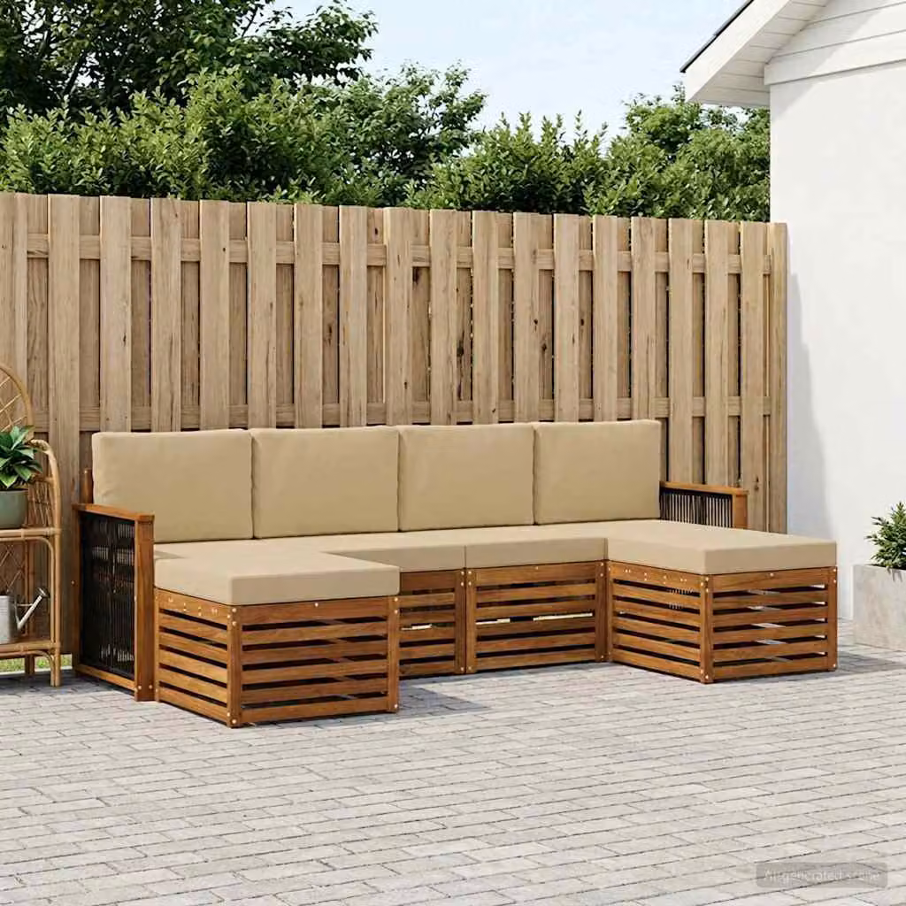 Set di divani da esterno vidaXL a forma di L in legno di acacia con cuscini, marrone e beige
