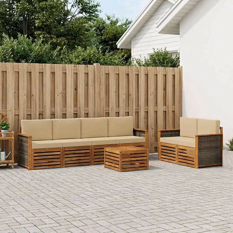 Set di divani da esterno vidaXL 7 pezzi in legno di acacia con cuscini, colore beige e sabbia