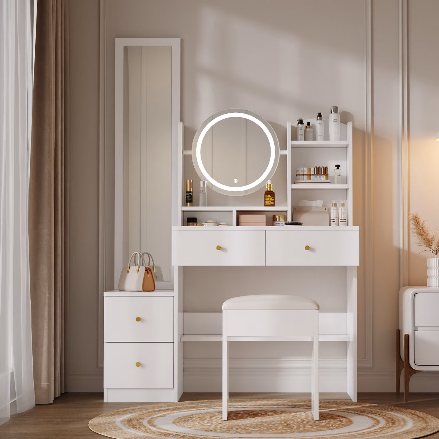 Flieks, tavolo da toilette con sgabello, mensola e specchio a figura intera, cassettiera per il trucco, tavolo da toilette con specchio girevole, set completo di tavolo da toilette, bianco