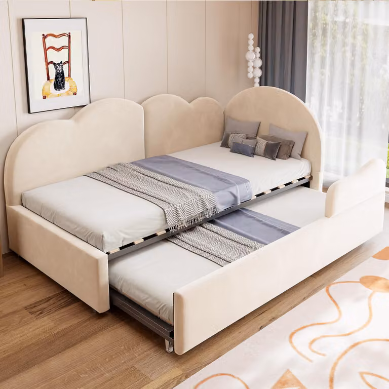 Divano letto MODFU, modello Daybett, 90x200 + 90x190, con meccanismo estraibile, rivestito in velluto, adatto anche come letto per bambini, design trasformabile e con poggiatesta, colore beige (include due materassi: 90x200 cm e 90x190 cm)