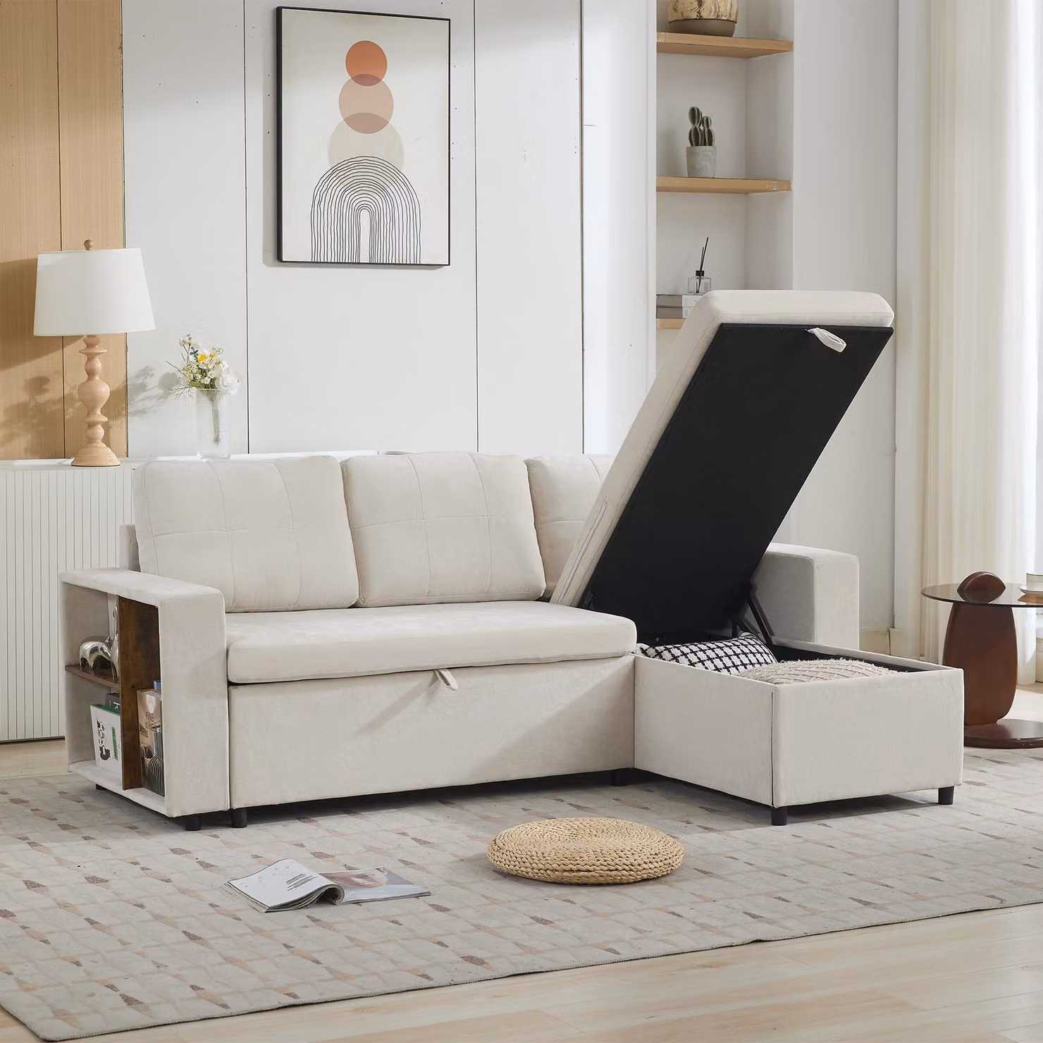 Divano ad angolo Merax con contenitore, divano a L in ciniglia, divano letto a 3 posti con ripiani sui braccioli, chaise longue montabile a sinistra o a destra, beige