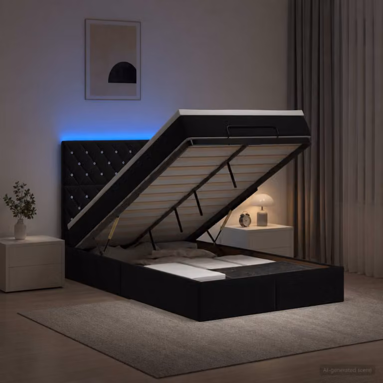 Letto Ottomano vidaXL in Velluto con Materasso Ibrido e Illuminazione LED Sotto il Letto, L/P/H: 120 x 200 x 88 cm, Nero e Bianco