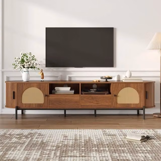 Mobile TV Ovale con Ante Scorrevoli, Rattan, Cassetto e Ripiani ¨C Xylo ¨C Legno e Metallo