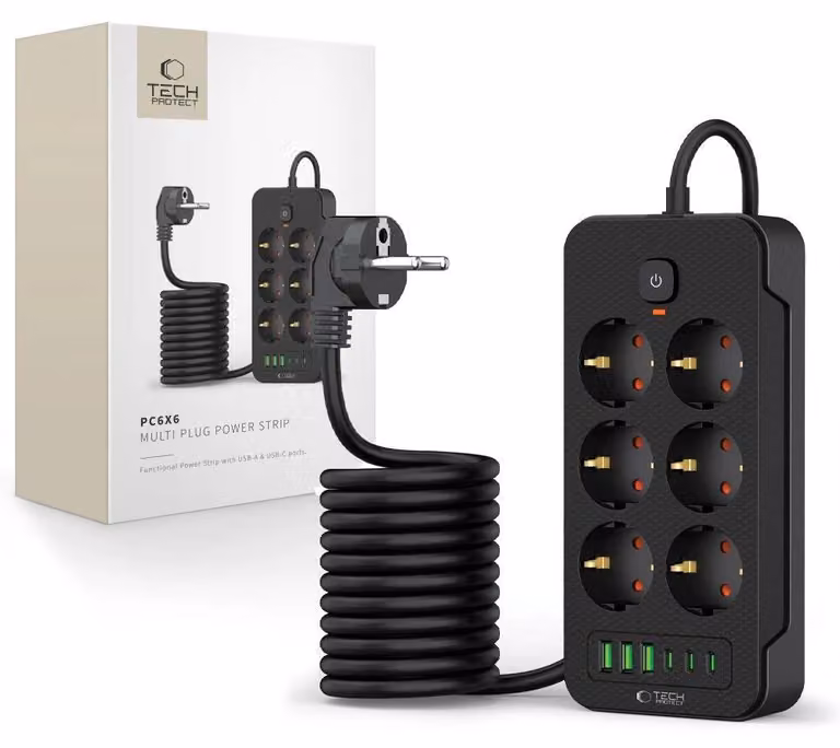 Tech-Protect Pc6X6 Striscia di alimentazione 3 Usb e 3 Type-C e 6 prese 200Cm Nero