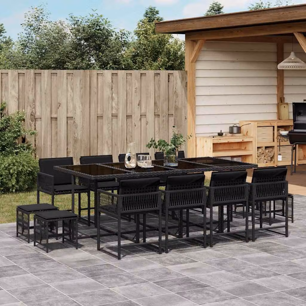 Set da pranzo da giardino vidaXL in polyrattan nero con 13 pezzi e cuscini