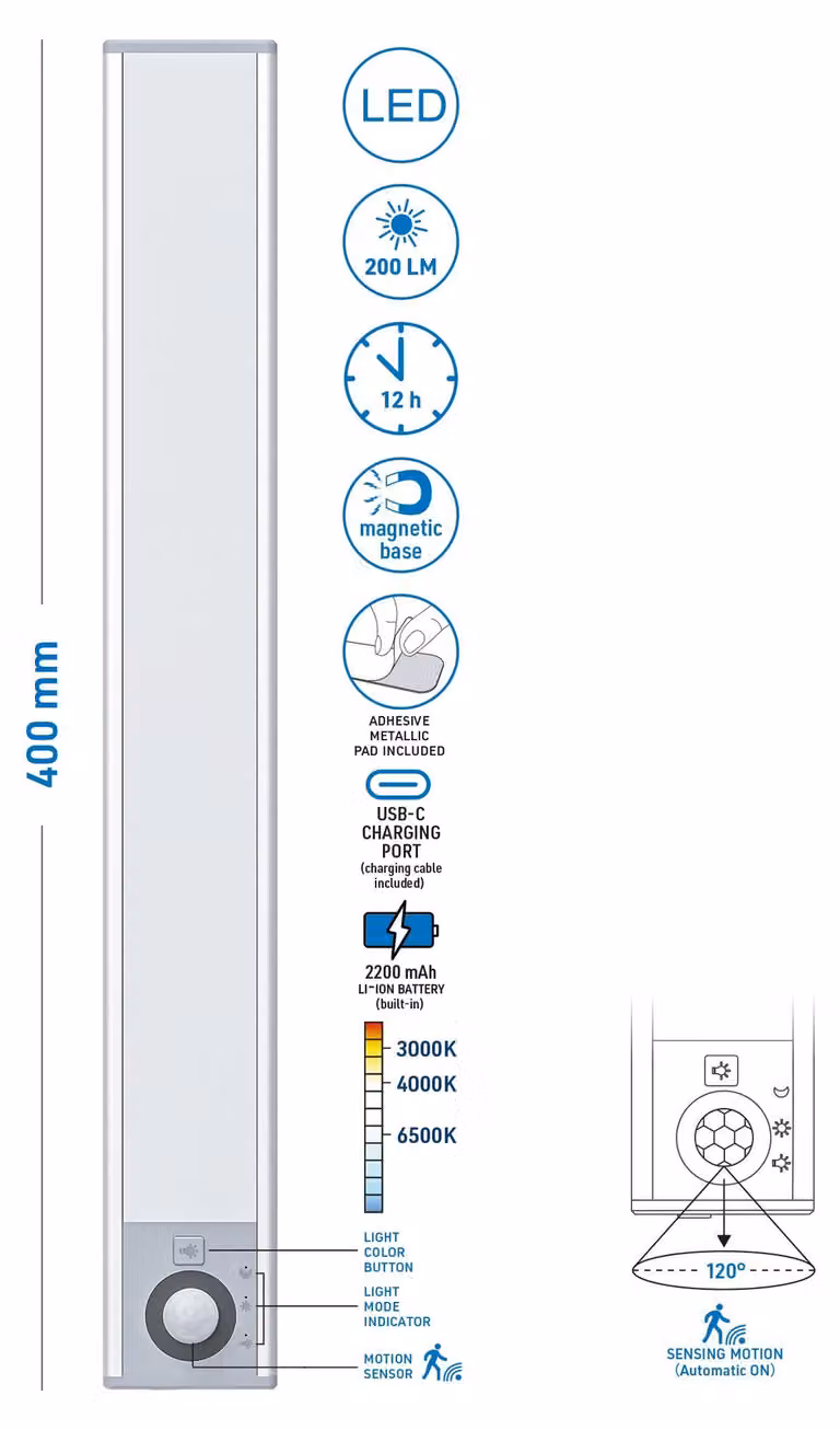 LUCE LED A BATTERIA PER ARMADI O SOTTOPENSILI CON SENSORE 2W - 200 Lm
