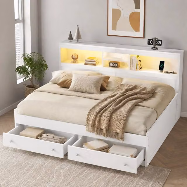 Letto da giorno ULEVR 90x200 cm con 2 cassetti, LED multicolore e 2 porte USB, bianco