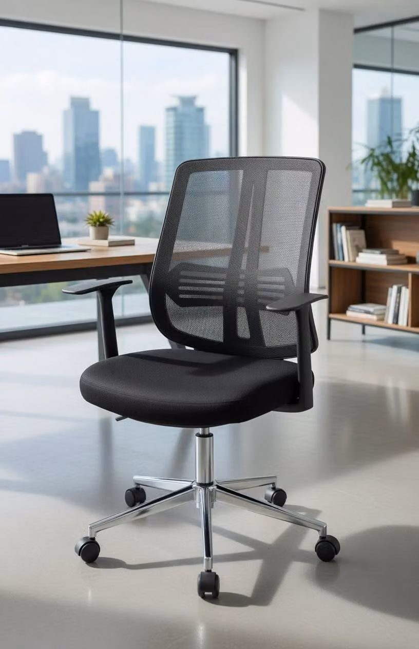 Elegante sedia da ufficio con schienale in rete e robusta struttura in metallo