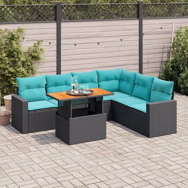 Set Divano da Giardino a L vidaXL con 7 Pezzi, Polyrattan e Cuscini Inclusi, Colore Nero e Blu/Turchese