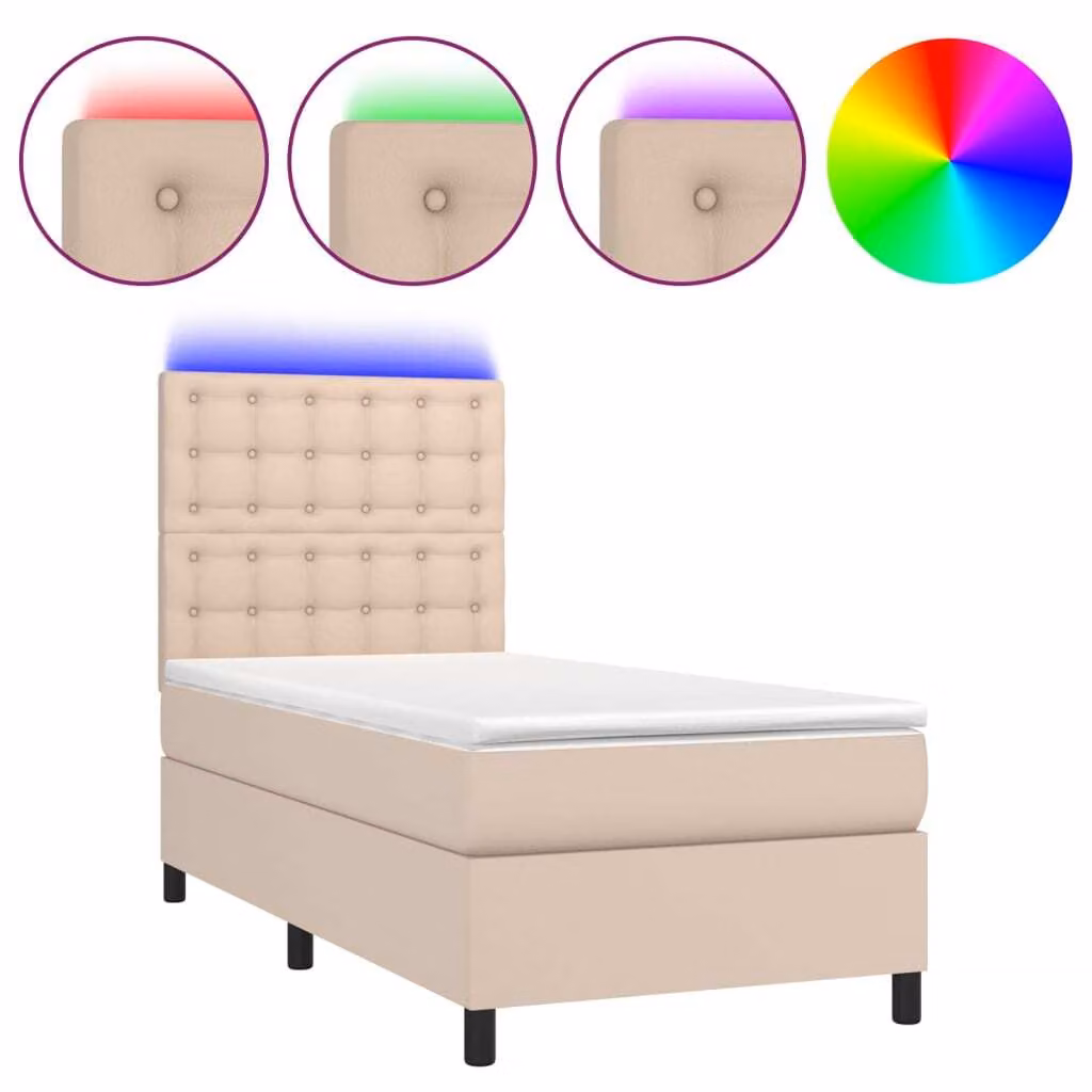 Giroletto Molle Materasso e LED Cappuccino 90x200 cm Pelle finta