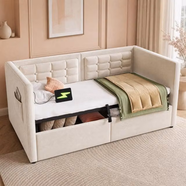 Divano letto 90x200 cm con vano idraulico, USB e USB-C, rivestimento in velluto beige