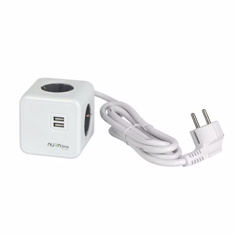 Sdoppiatore di linea a LED Adattatore CUBE Presa a 4 vie | 2 porte USB | con cavo da 1,5 m