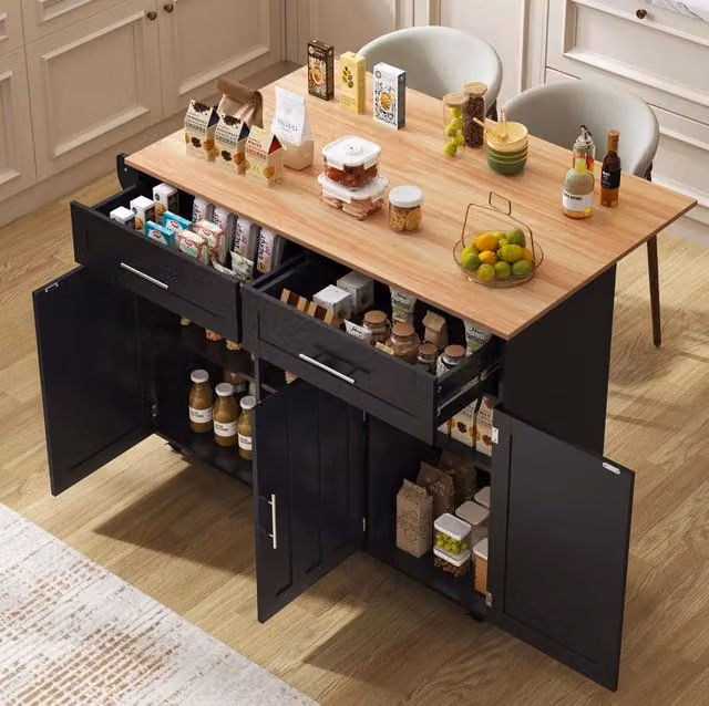Isola da cucina mobile 129x71x91,5 cm con ripiani interni, 2 cassetti, piano ribaltabile e 5 ruote, colore nero